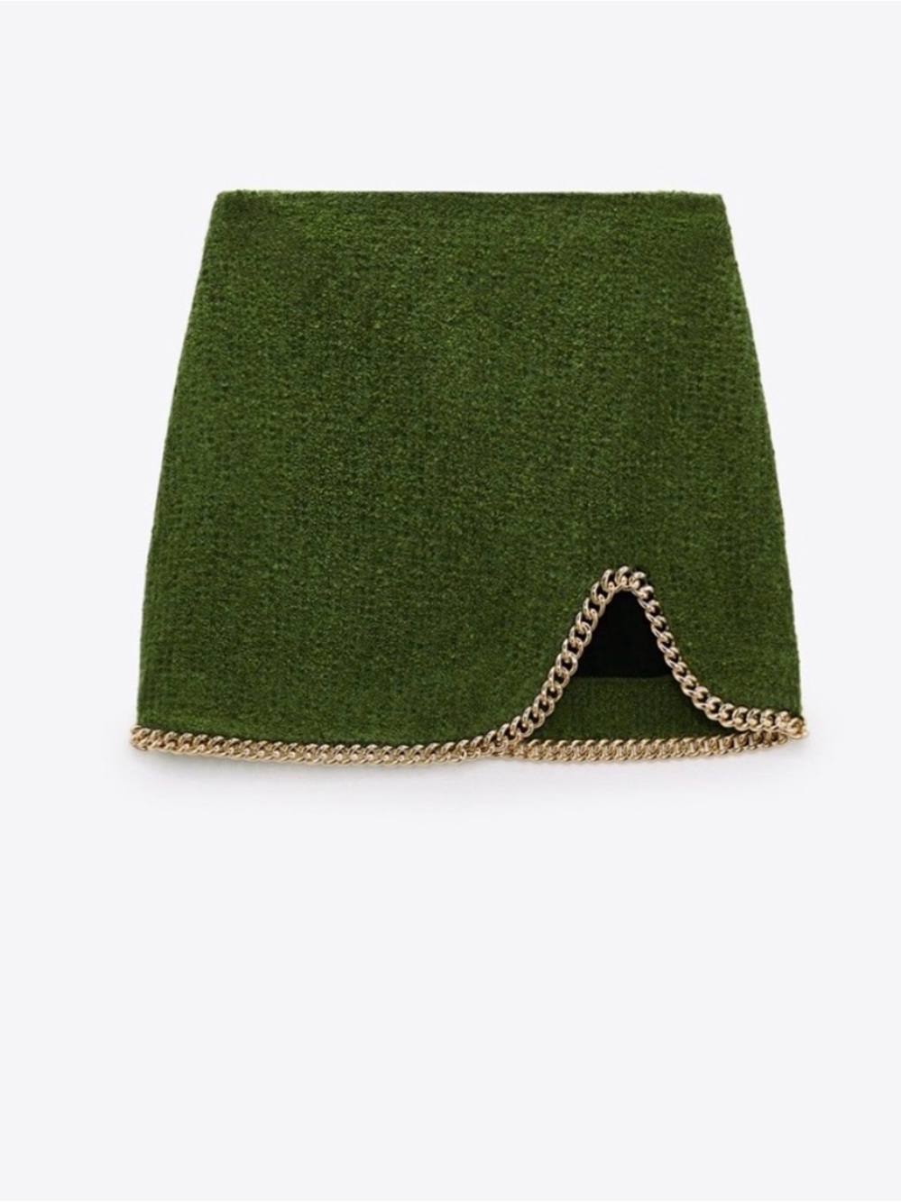NWT Zara Green Tweed Asymmetrical Mini Skirt with Gold Chain Trim